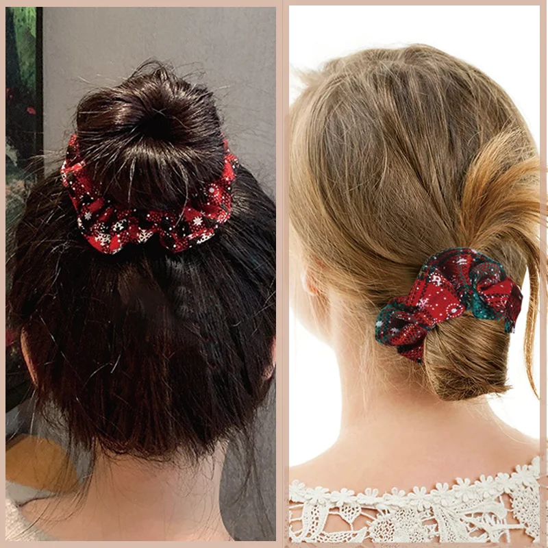 Fashion Christmas High Elasticity Hair Ties Red Plaid Scrunchie Snowflake Pattern Hair Rubber Band For Women Girl