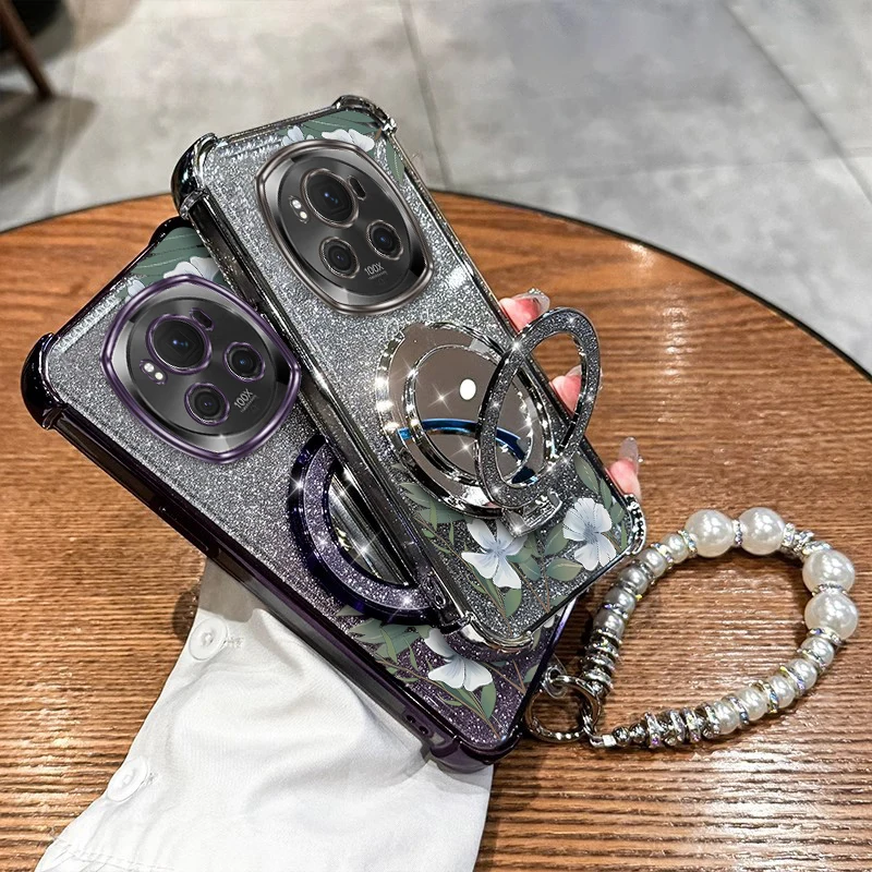 

Magic 6Pro White flowers Plating Bracelet Holder Phone Case For Honor Magic X6A 300Pro 50SE X8 200 90 6Pro 7Pro X9A 300Cover