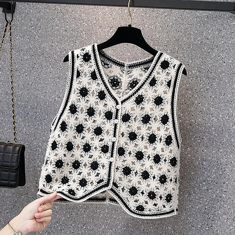 退屈なハニーレトロ中空アウトベストクロップトップ V ネックかぎ針編みノースリーブ女性の Tシャツシングルブレストファッション女性ブラウス