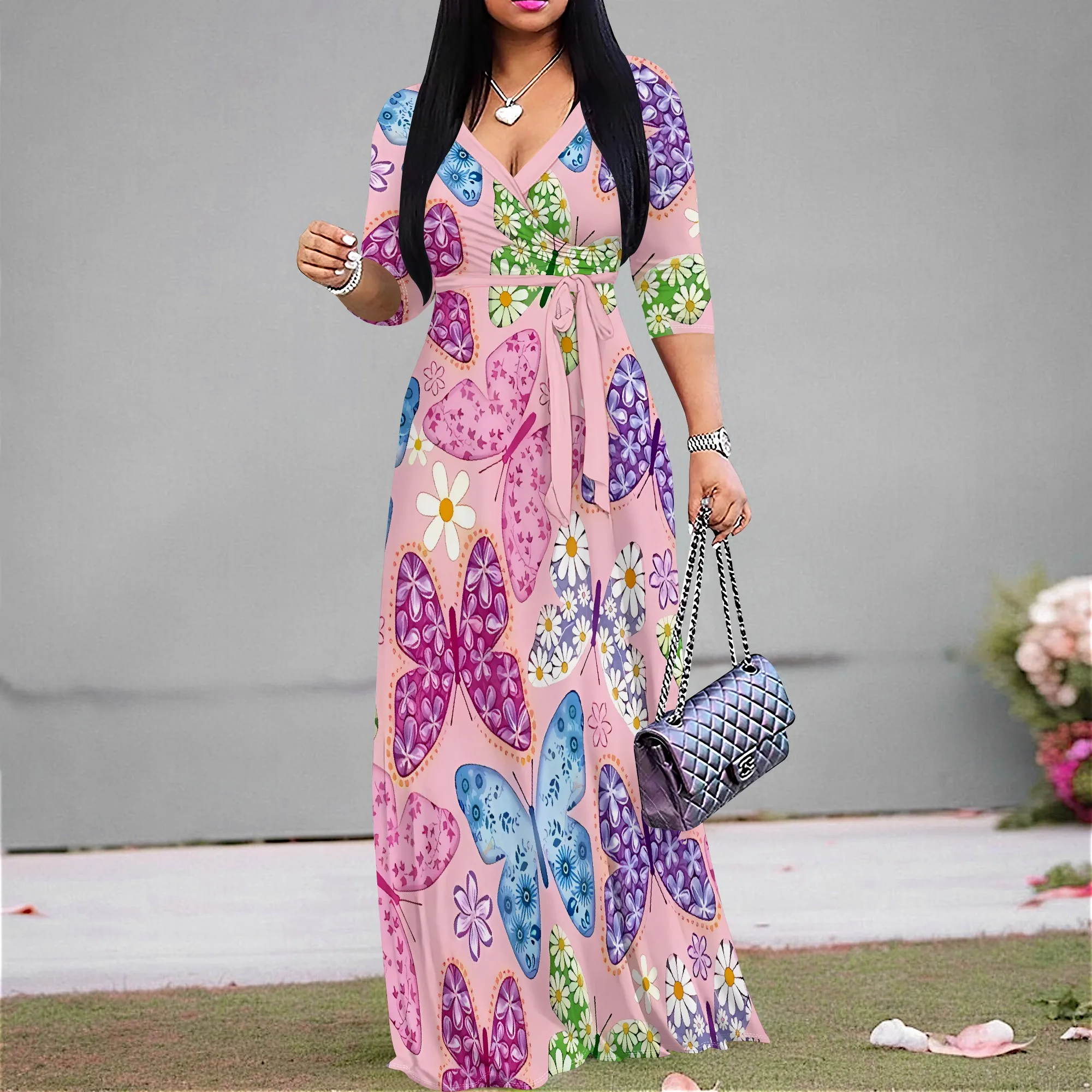 

Nupusa Butterfly & Daisy Print Dress for Women Standard Size Summer Casual Wrap V Neck 3/4 Sleeve Maxi Dress