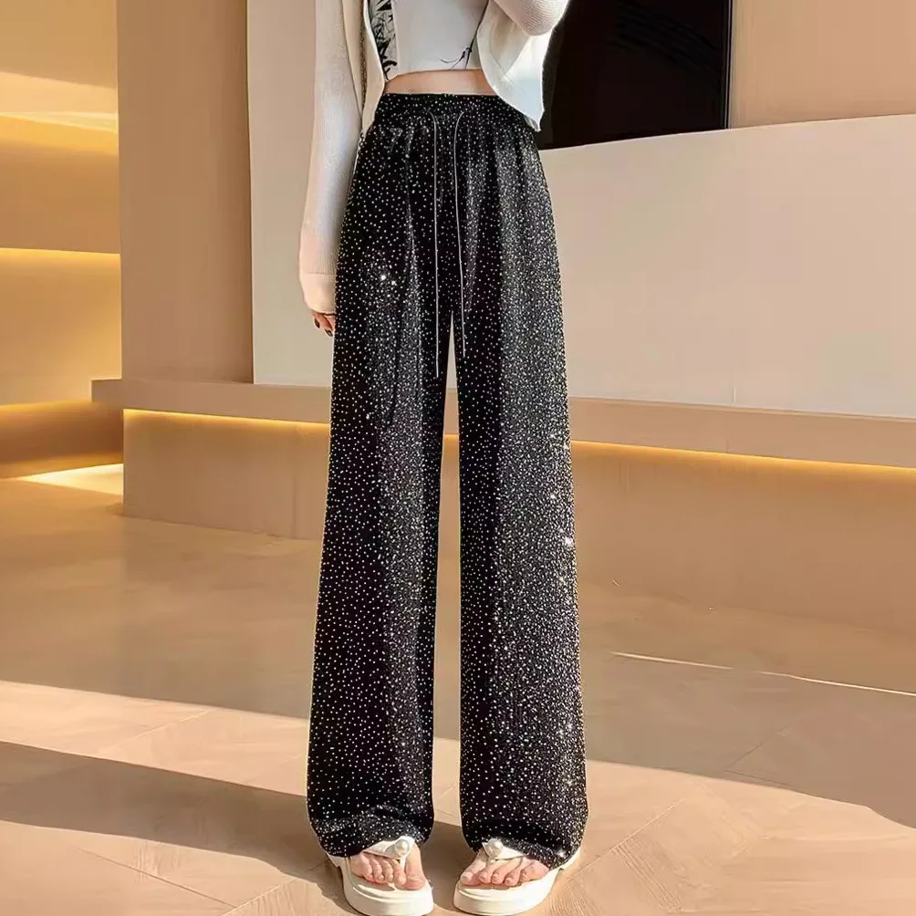 Shiny Diamond Wide Leg Pants High Waist Loose Fit Long Thin Texture Drawstring Straight Cut Summer Casual Trousers for Women