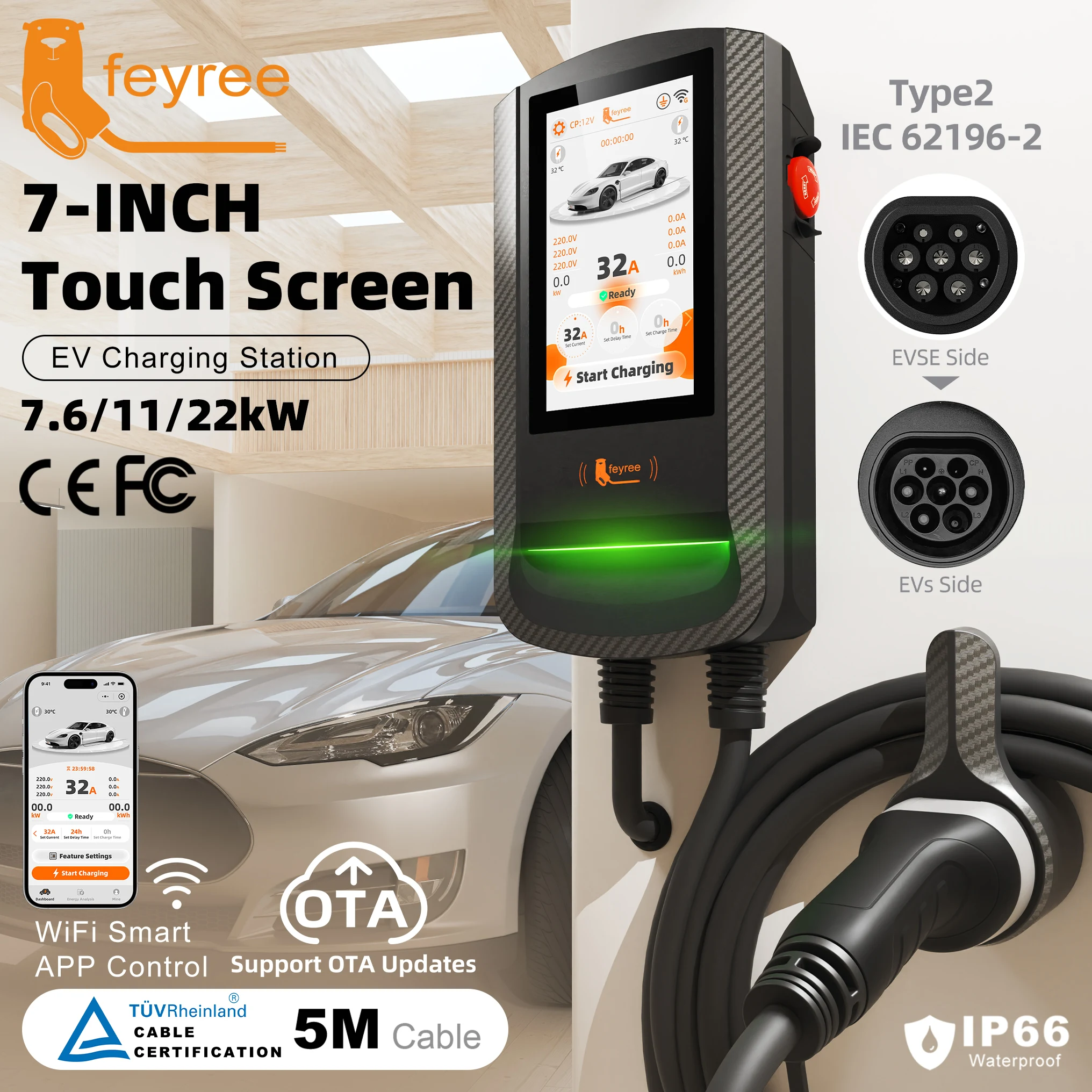 feyree Type2 EV Charger 7.6kW Wallbox 7Inch Touch Screen Smart APP Control RFID Card OTA Charge Log 11/22kW EV Charging Station