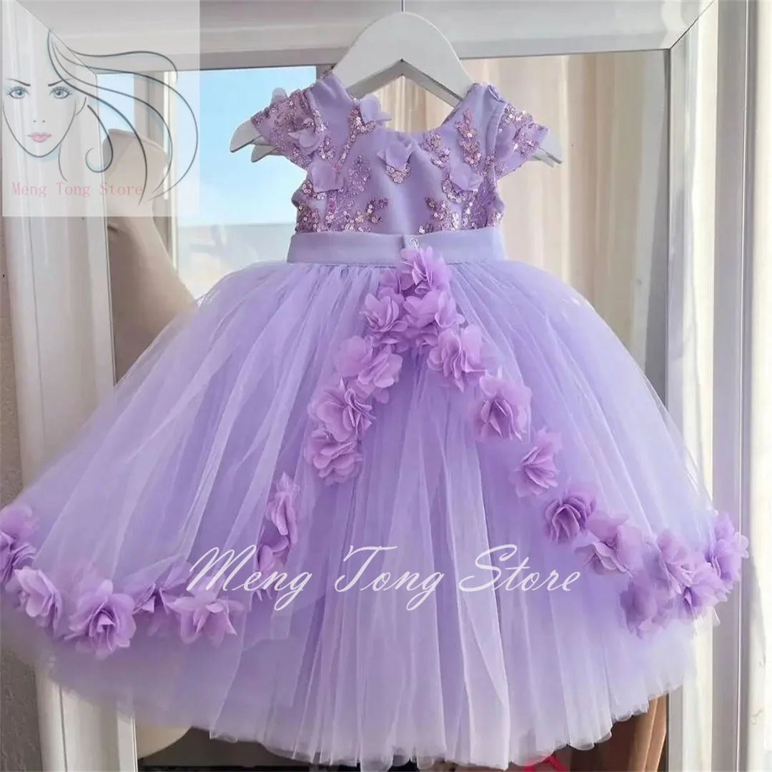 Flower Girl Dress For Wedding Puffy Applique Light Purple Tulle With Bow Cute Kids Birthday Ball Gown First Communion Dress