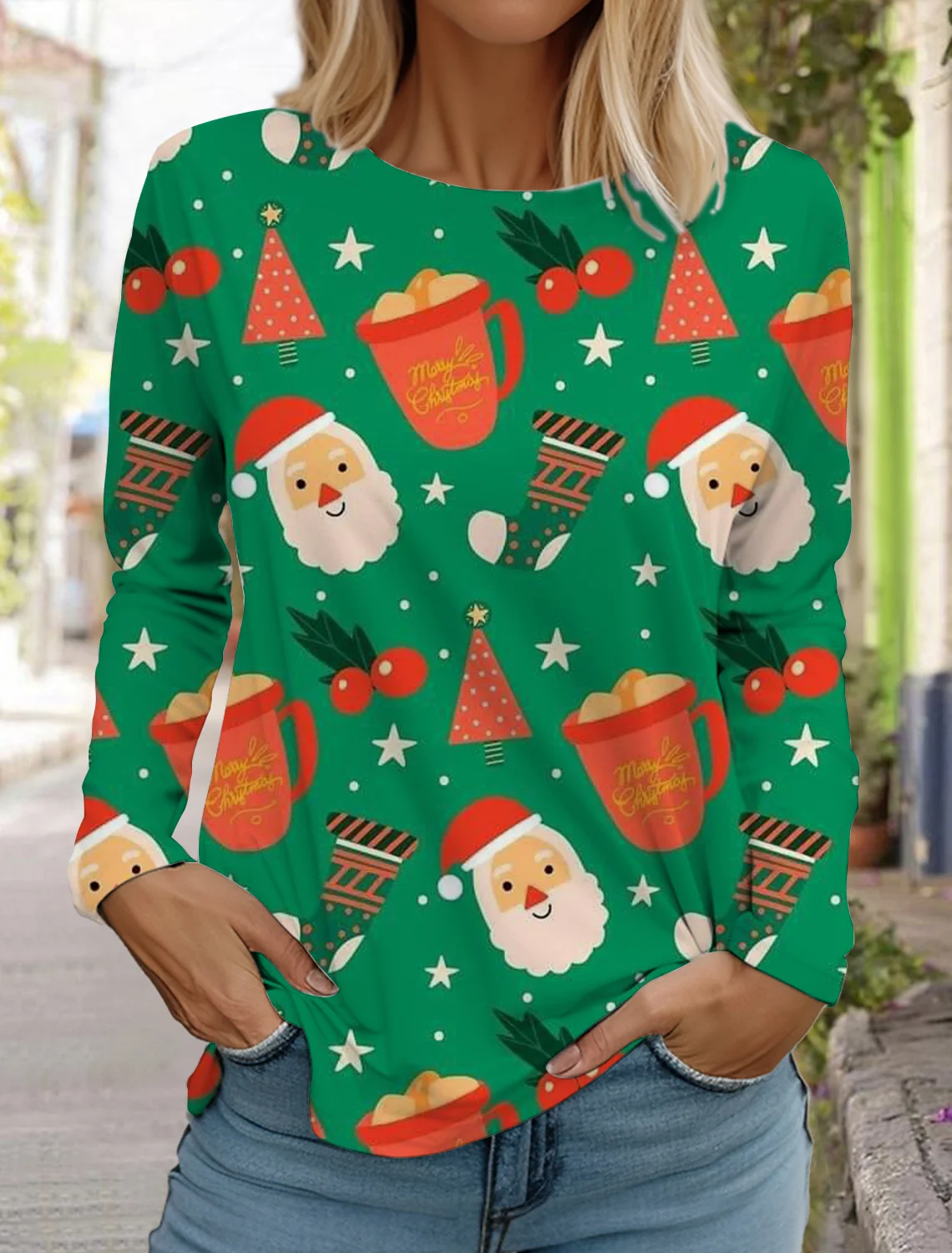 Ladie Christmas Reindeer Print Long Sleeve T-Shirt Christmas Cartoon Pattern Sports Casual Cute Polyester Round Neck Long Sleeve