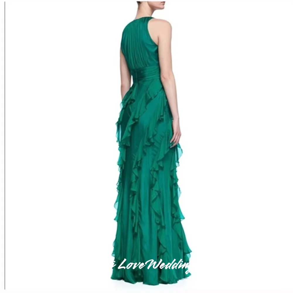 فساتين سهرة خضراء برقبة دائرية 2025 بدون أكمام حورية البحر بطول الأرض وكشكشة فساتين لحضور الحفلات الموسيقية مطوي فساتين حفلات الزفاف حسب الطلب