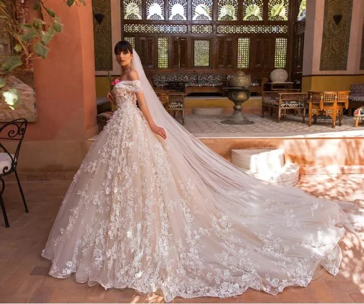 Abiti da sposa taglie forti abiti da sposa con spalle scoperte Blush fiori 3D abiti da ballo da sposa in pizzo A201864