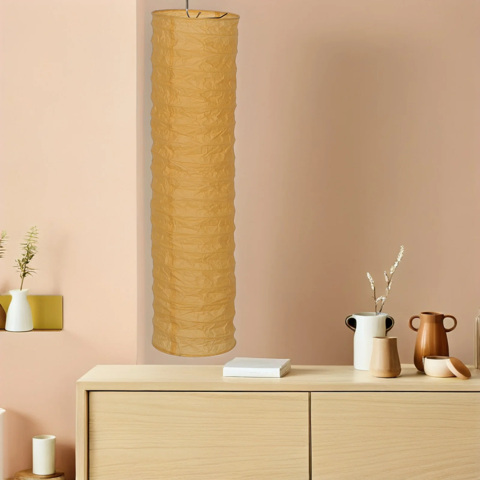 

Japanese Paper Lamp Shade 35 Inch Tall Khaki Round Foldable Cylinder Cover For Floor Lamps Replacement Textured Lampshade