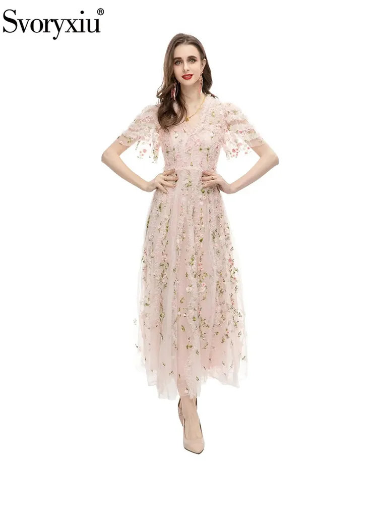 

Svoryxiu Fashion Runway Summer Party Pink Elegant Long Dress Women's V-Neck Net Yarn Floral Embroidery Flounces A-Line Dress