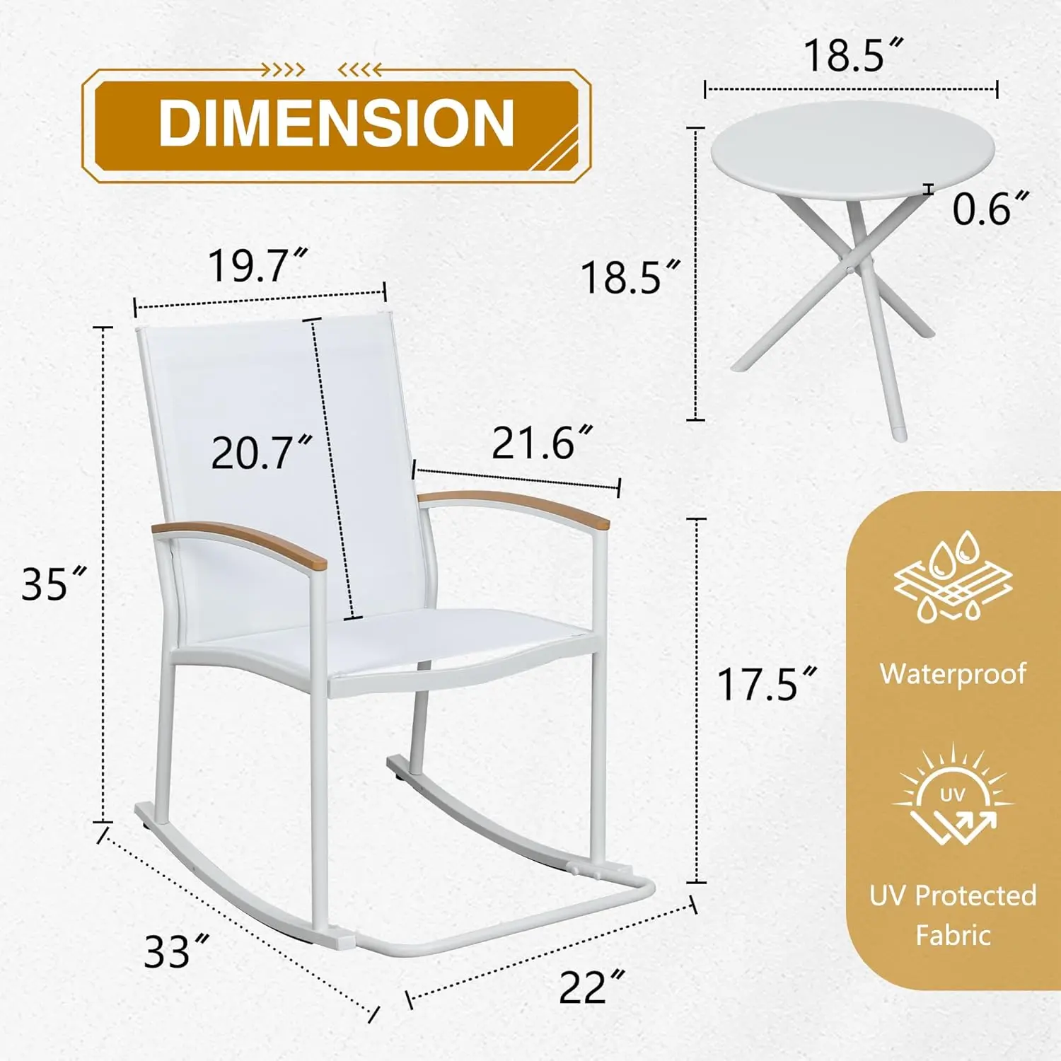 3pcs Outdoor Patio Furniture Set, Modern Rocking Bistro Set Textilene Chair Conversation Sets w/ Detachable Pedal & Coffee Table