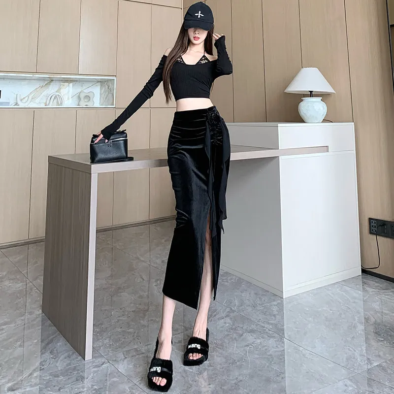 Elegant Y2K 3D Floral Black Velvet Midi Skirt Women Spring New Ribbon Side Slit Bodycon Pencil Skirts Cool Sweet Street Clothes