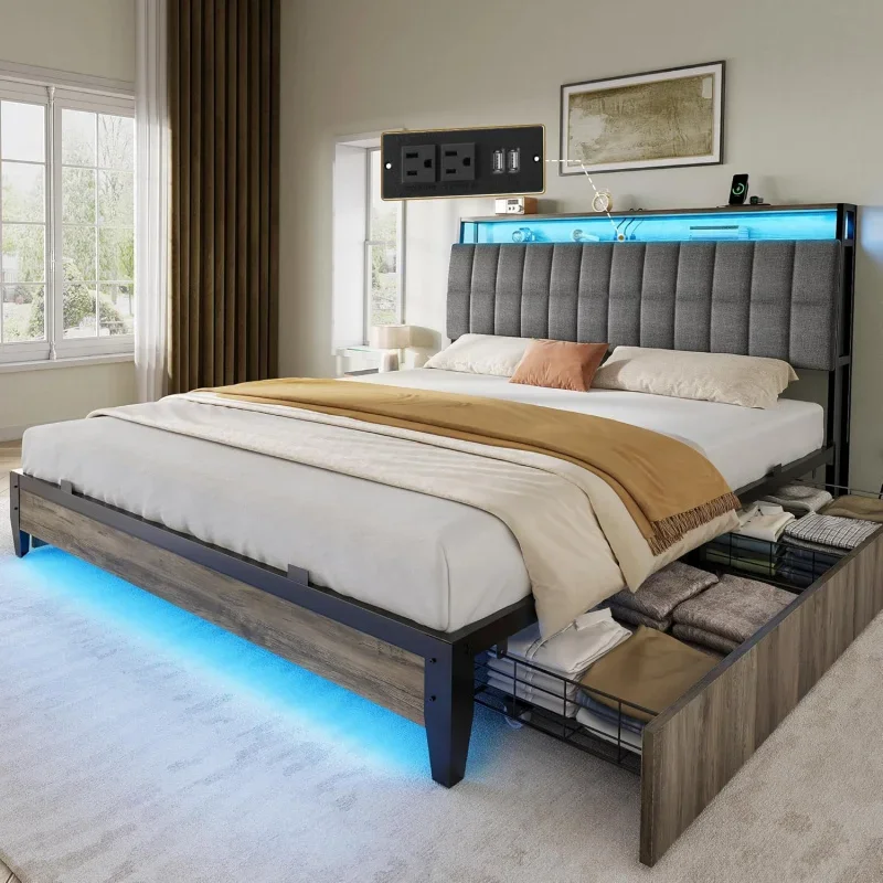 YITE Queen Size Frame RGB LED Lights 4 Drawers,Upholstered Platform Bed with Charging Station and Storage Headb