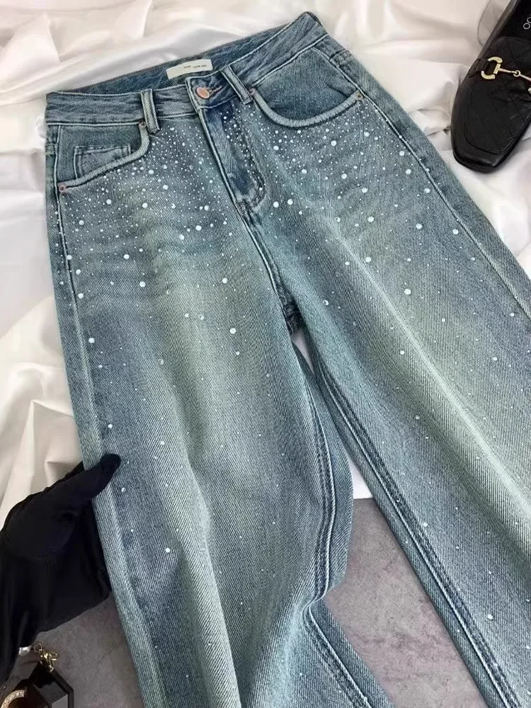 

Washed Blue Rhinestone Jeans For Women In 2024 Spring And Autumn, High Waist Straight Leg Slimming Pants, Floor Length Pants