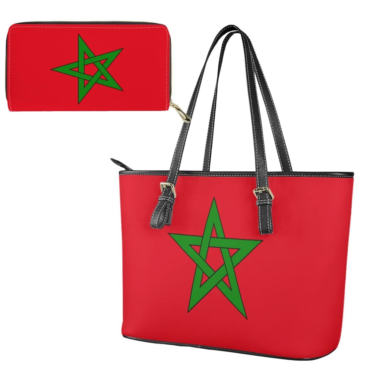 Morocco Country Flag Pattern Ladies Autumn/Winter PU Large Capacity Handbag Exquisite and Durable Simple Versatile Soft Satchel