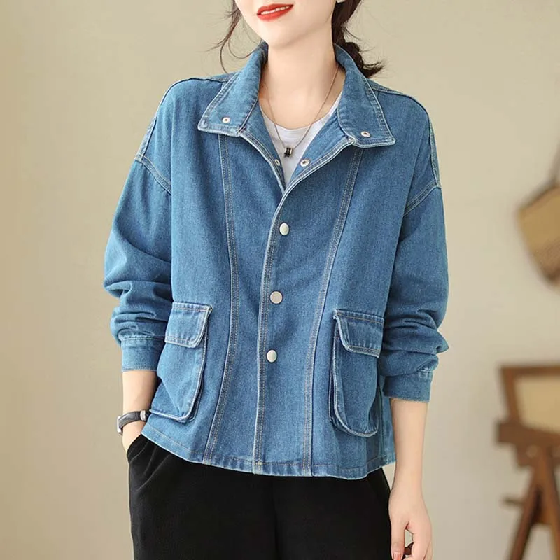 Retro Casual Blue Denim Short Jacket 2027 Women Spring Autumn Loose Large Size Three Dimensional Pocket Long Sleeve Cardigan Top