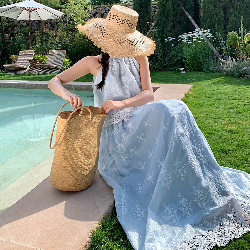 Ele Blue Embroidered Hollow out round Ne Svel Vest High Waist Lace Trim Maxi Skirt Holiday Outfit Women's Faion...