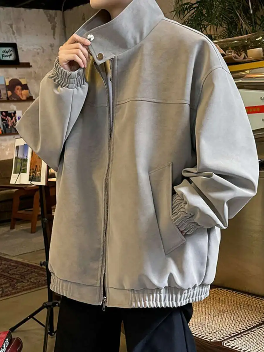 

Men's Stand Collar PU Leather Jaet Spring Loose Dyeing Sle Retro Cool Long Zipper Coat Casual Youthful Faionable