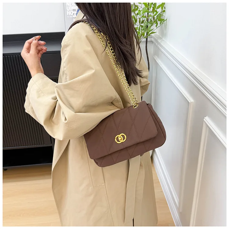 Tas Selempang Rantai Berlapis |   Tas Selempang Kulit Matte Gaya Vintage untuk Wanita, Tas Selempang & Ketiak yang Luas