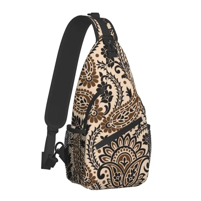 Brown Paisley Floral Texture Sling Bags for Men Boho Bohemian Flowers Style Shoulder Chest Crossbody Backpack Traveling Daypack