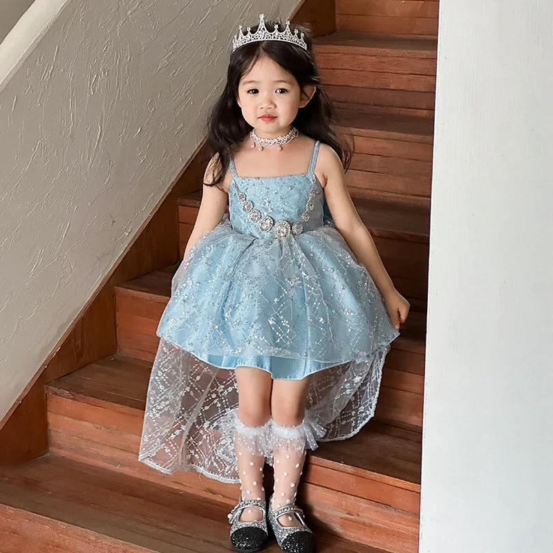 

Сетчатое платье-комбинация для девочек, лето 2025, новое повседневное милое сетчатое синее платье принцессы с милым темпераментом, детская одежда