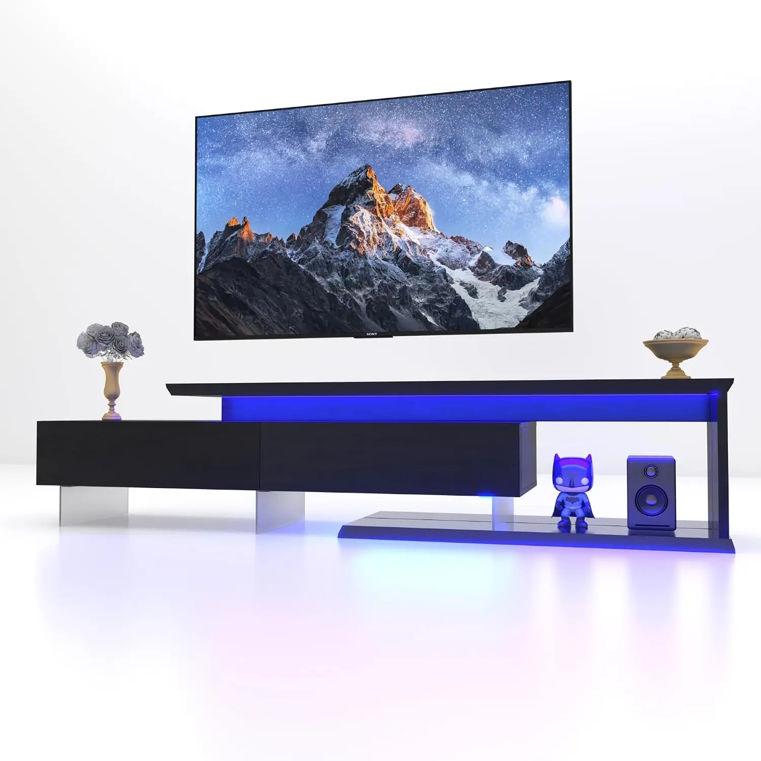 LED TV Stand 65-85 Inch Extendable Entertainment Center Light String Pull-Down Doors Living Room Black, Customized