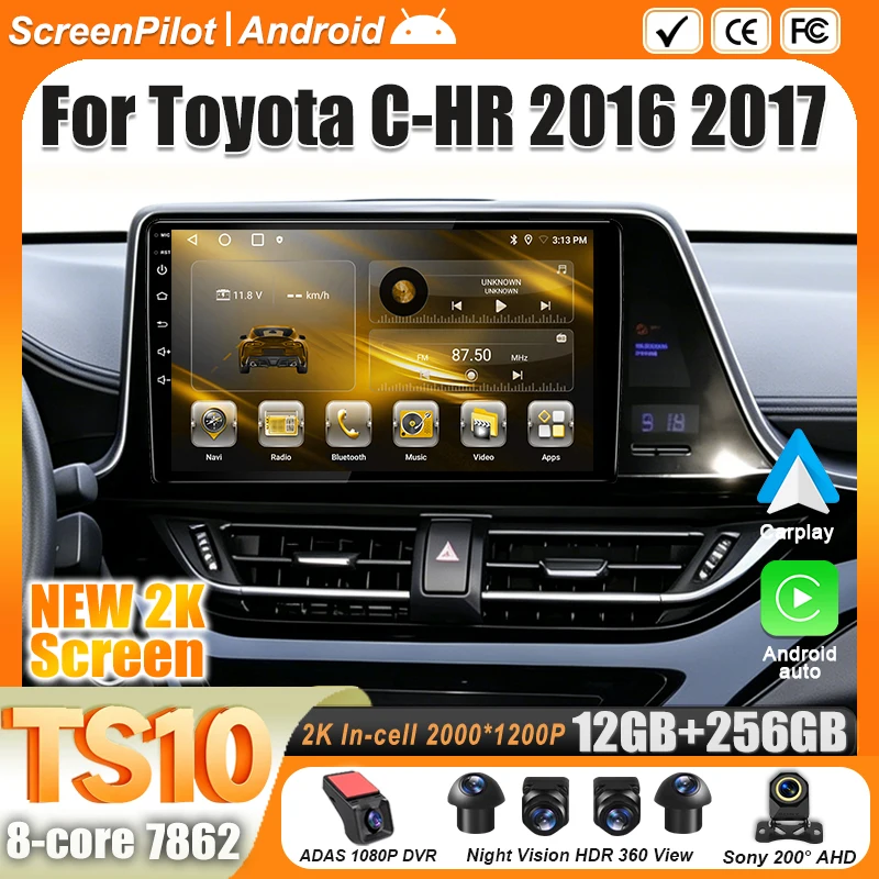 Android 16 For Toyota C-HR CHR 2016 2017 Car Radio Stereo Head Unit Multimedia Video Player GPS Navigation 2K QLED 9 Inch 8 Core