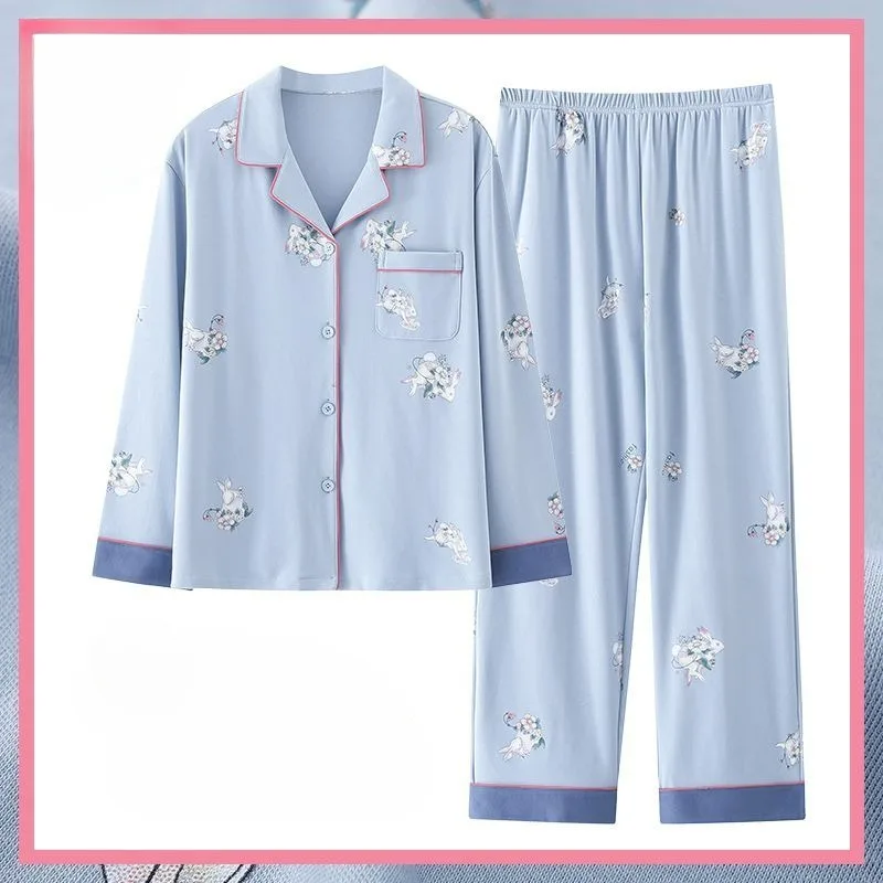 Pijamas de algodón puro de manga larga para mujer, conjunto de ropa de dormir cómoda, Simple, informal, talla grande, para mamá de mediana edad, primavera y otoño