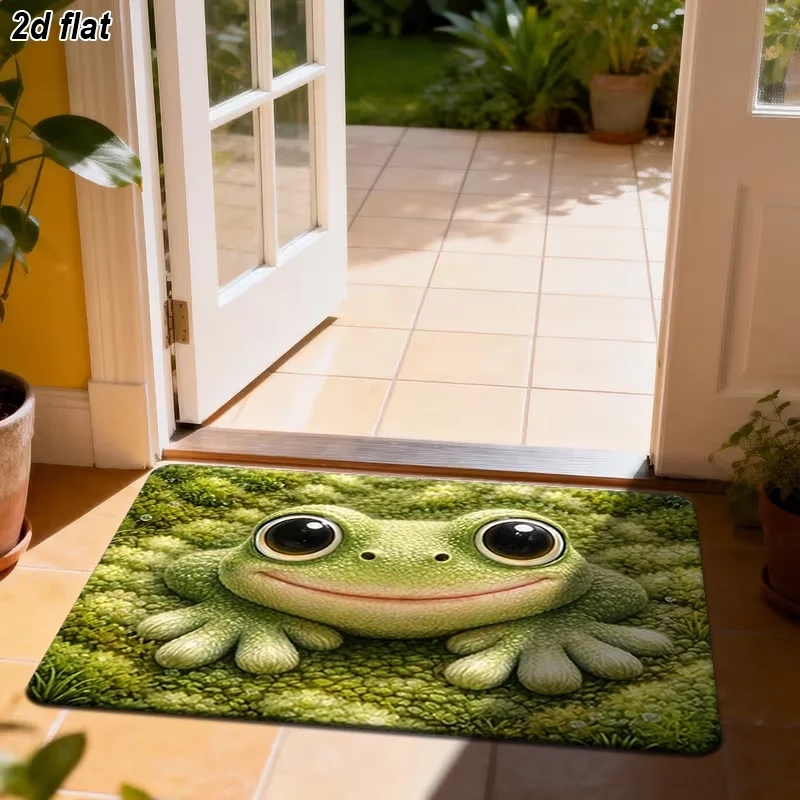 2D Flat Green Frog Smiling Grass Texture Flannel Door Mat Non Slip Nature Theme Rug For Entryway Garden Porch Floor Decor