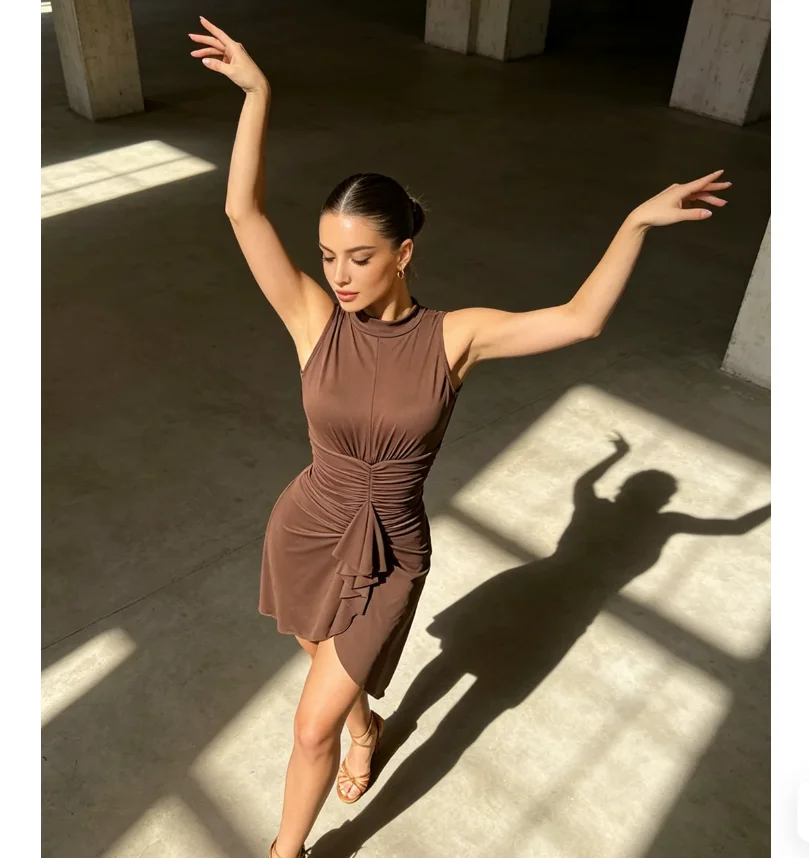 Coffee Colored Sexy Backless Latin Dance Dress Neck Hanging Design with Folded Waist for Women