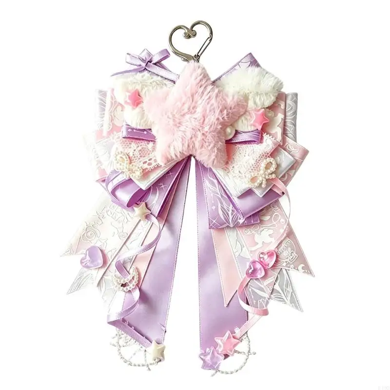 Pastel Hanging Charm for Key and Bags, Bows Keyring Pendant with Plush Star Center and Heart-Shaped Clasp Accent F19E