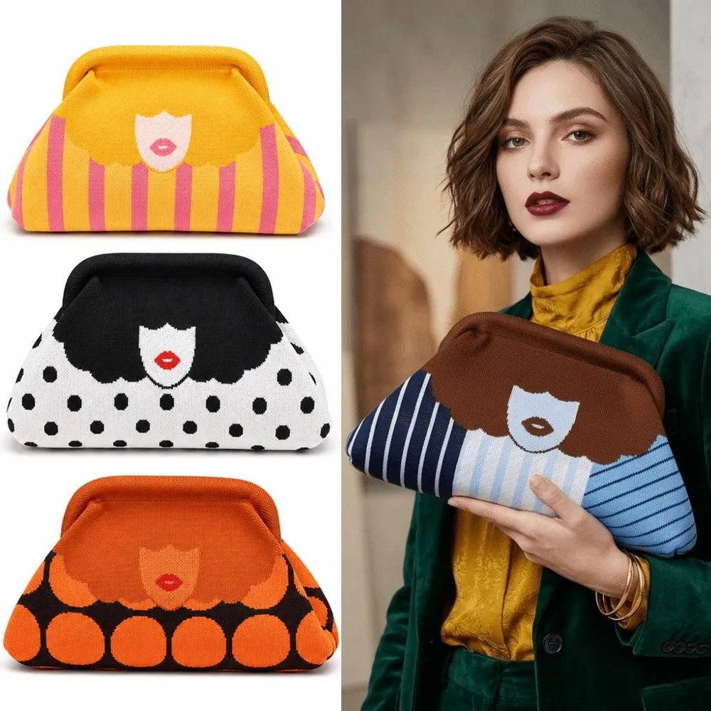 Fun Design Luxury Women's Clutch Bag Vintage Closure Lip Print Cosmetic Bag Washable Knit Texture Handbag Casual Use
