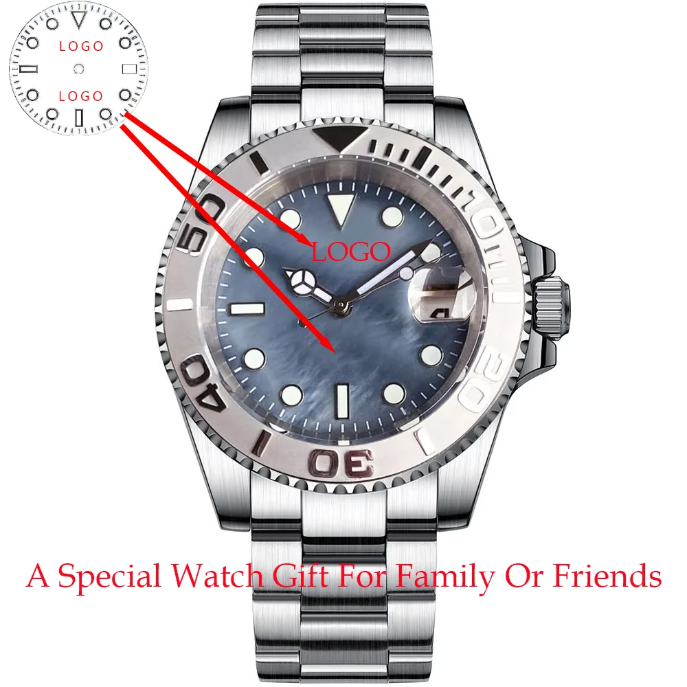 Benutzerdefinierte 20ATM Diving Tandorio 40mm blau/weiß Perlmutt Zifferblatt Saphirglas Japan NH35A Automatik Herrenuhr Datum leuchtend