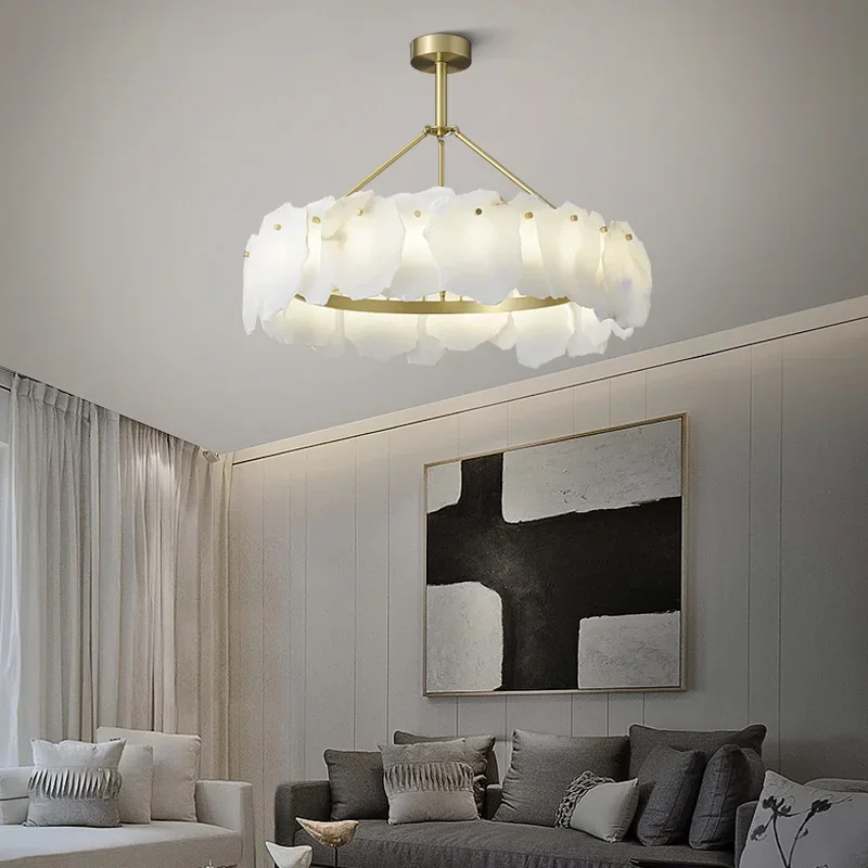 Contemporary Chinese Style Pendant Light with Marble and Full Copper for Living Room and Dining Room