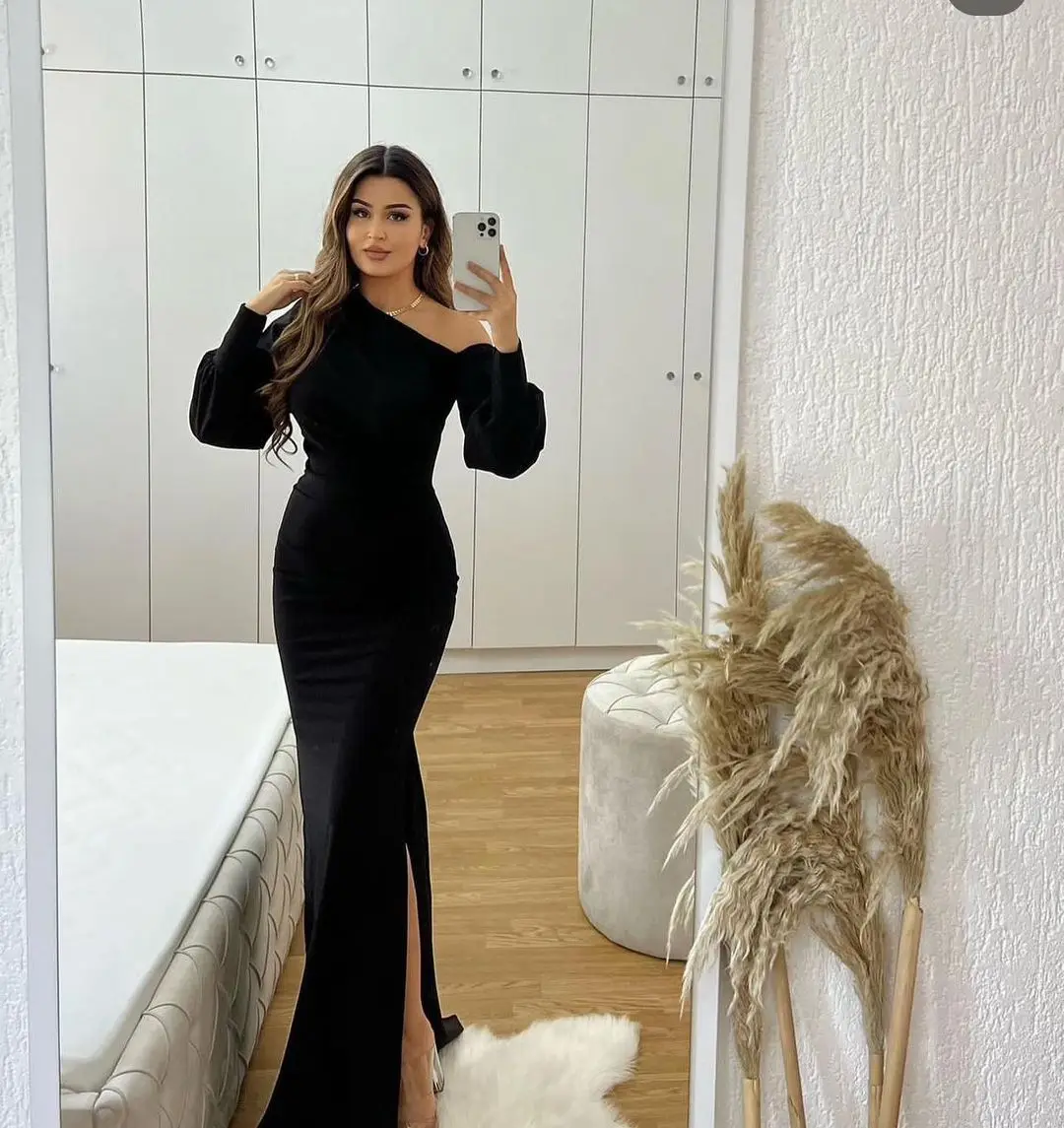 Sapmae O-shoulder Full Sleeve Sheath Vent Court Train Black Zipper Up Prom Evenning Formal Cocktail Dress Suit For Women In 2023