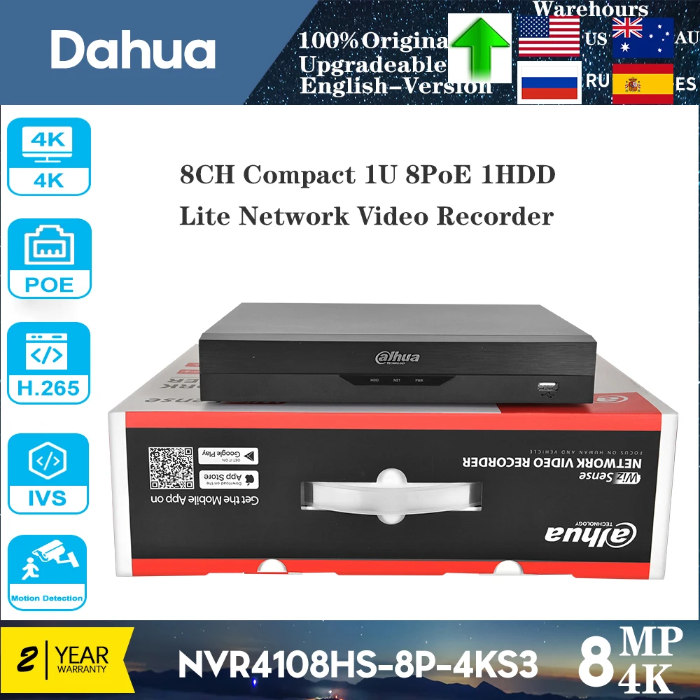 

Original Dahua 4K 8 PoE 8CH H.265 Port NVR NVR4108HS-8P-4KS3 12MP Compact 1U 1HDD Lite Network Video Recorder Resolution P2P