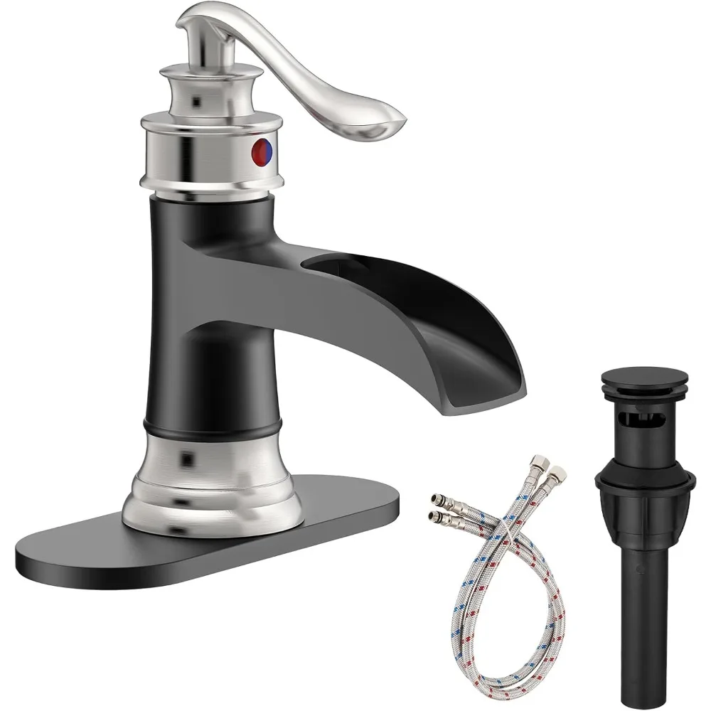 

Waterfall Single Handle Bathroom Faucet, Matte Black/Brushed Nickel, 1-Hole Deck Mount, Vanity Mixer with Supply Line