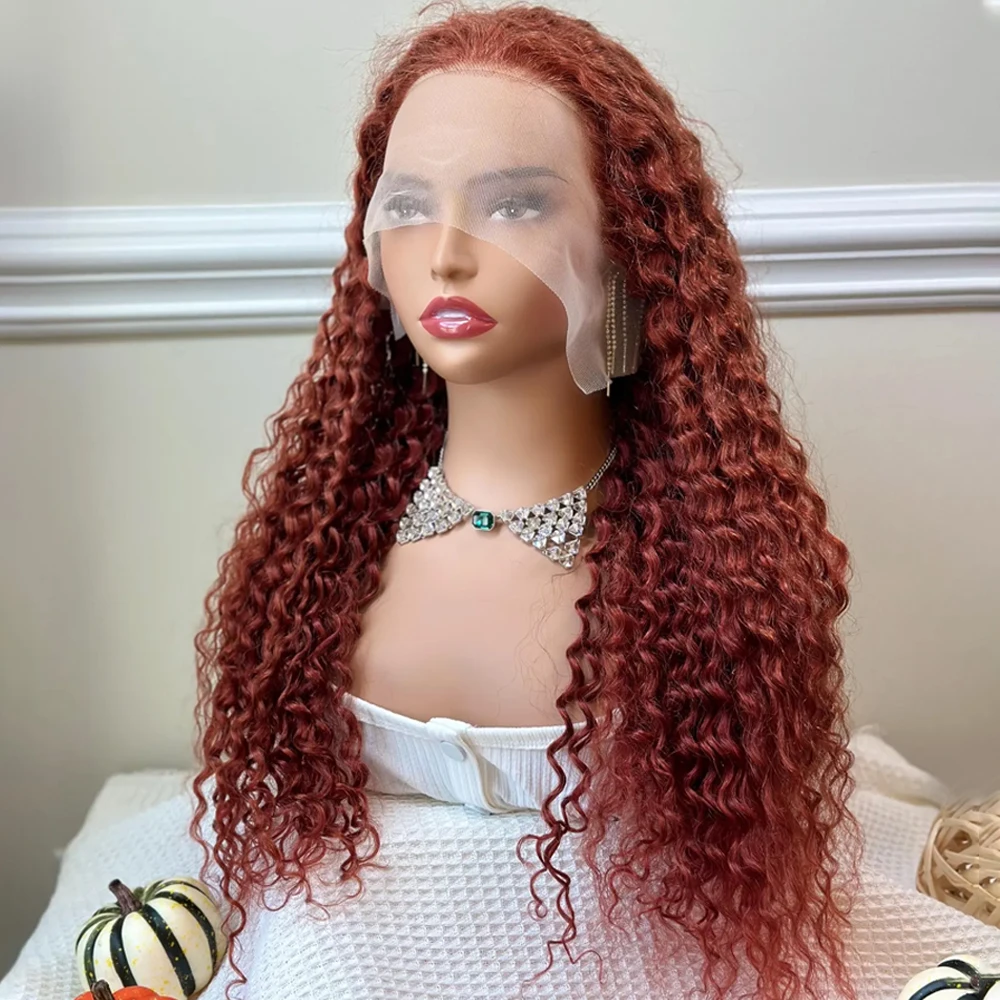 

Парик из натуральных бразильских волос, 220% HD, красно-коричневый, глубокая волна, с кружевной передней частью, 13x4, HD прозрачное кружево, для женщин