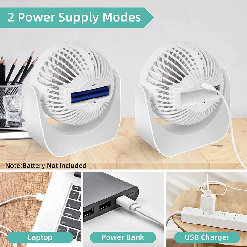 Miniventilador USB silencioso, ventilador de mesa pequeño de 360 °, 3 velocidades, para coche, dormitorio, autocaravana