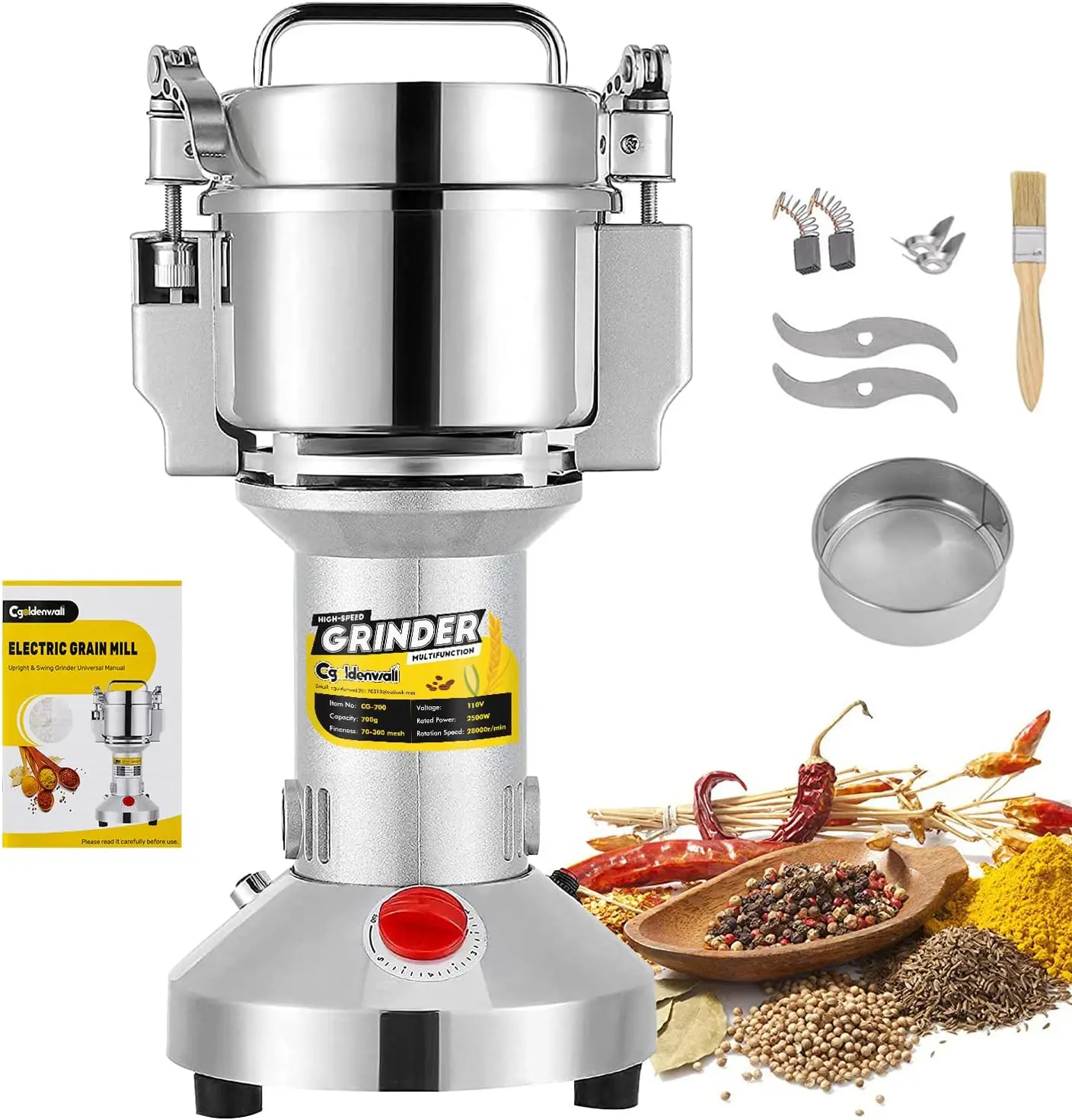 

Safety Upgraded Electric Grain Grinder Mill High-speed Dry Spice Herb Mill Grinding Machine with 2400W Commercial Mo