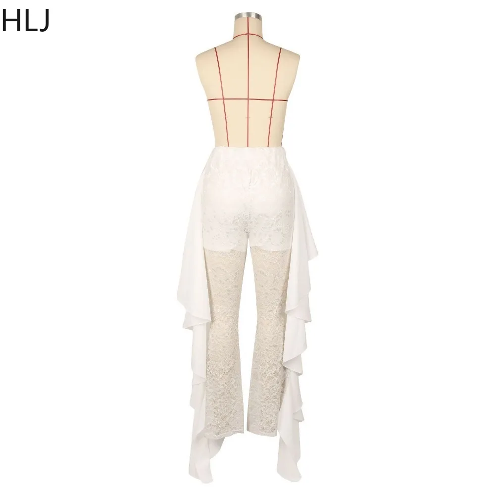 HLJ Fashion Lace Perspective Ruffle Design Bodycon Pants Women High Waisted Ruched Skinny trousers Summer New Matching Bottoms