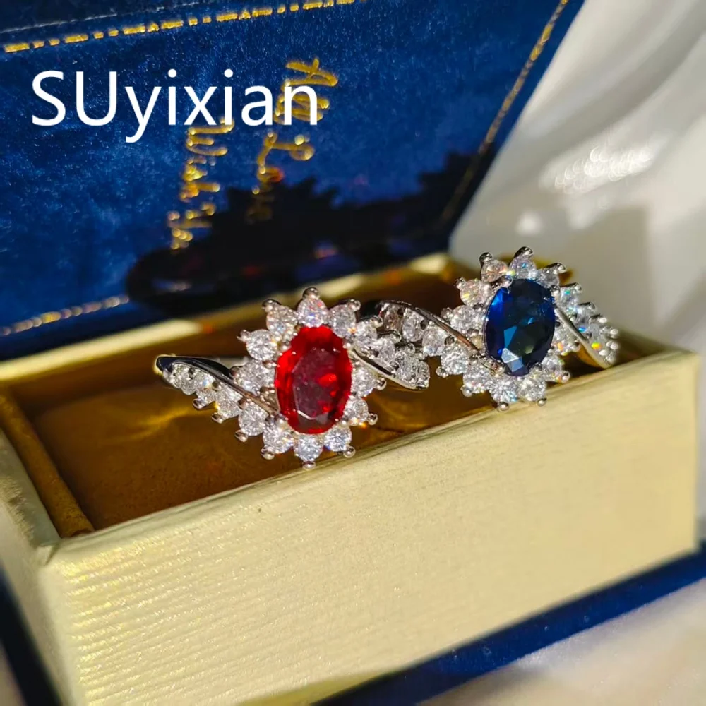 

925 Sterling Silver Fashion Design Sense Pigeon Egg Red Blue Zircon Sunflower Ladies Light Luxury Ring Birthday Party Gift