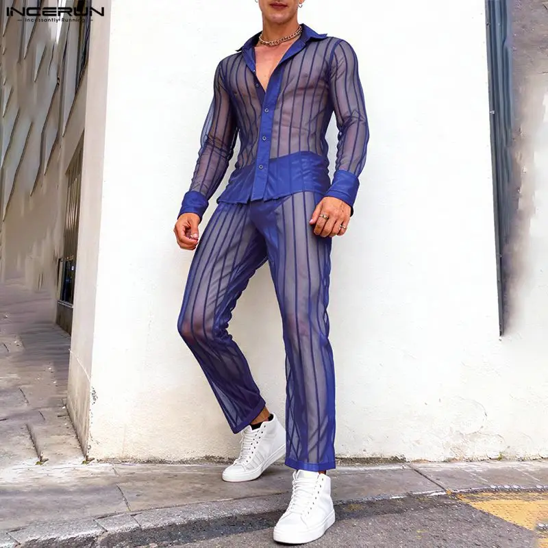 

INCERUN Men's Sets Mesh Patchwork Striped See Through Long Sleeve Shirt Pants Two Piece Sets Sexy Fashion Men Matching Sets 2026