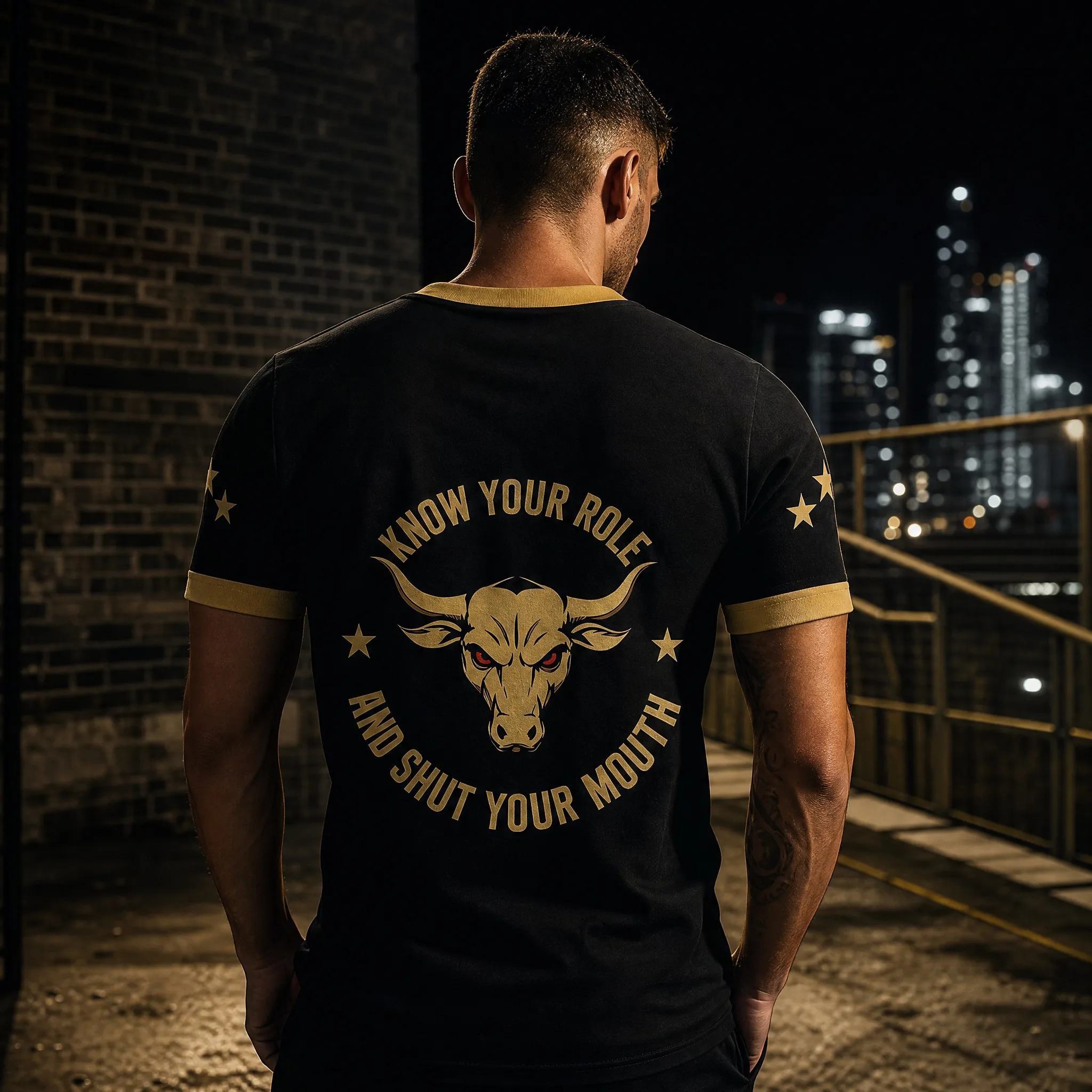 Vintage The Rock Wrestling T-Shirt Black Gold Contrast Ringer Crew Neck Bull Head Graphic Short Sleeve Gym Casual T-Shirt