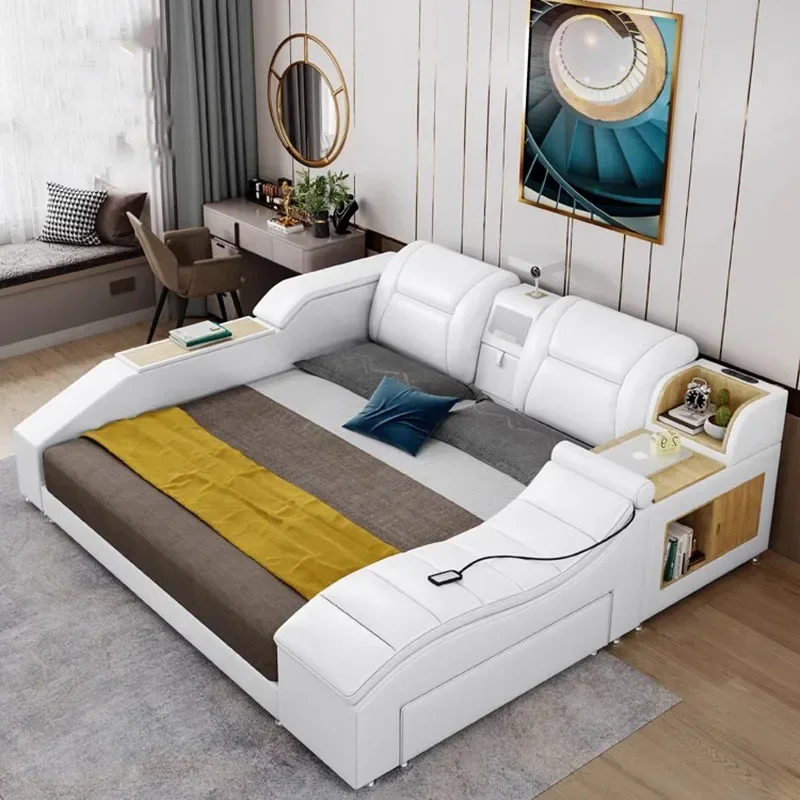 High End King Bed Frame Nordic Modern White Luxury Headboard Frame Bed Wood Sleeping Letti Matrimoniali Furniture For Bedroom