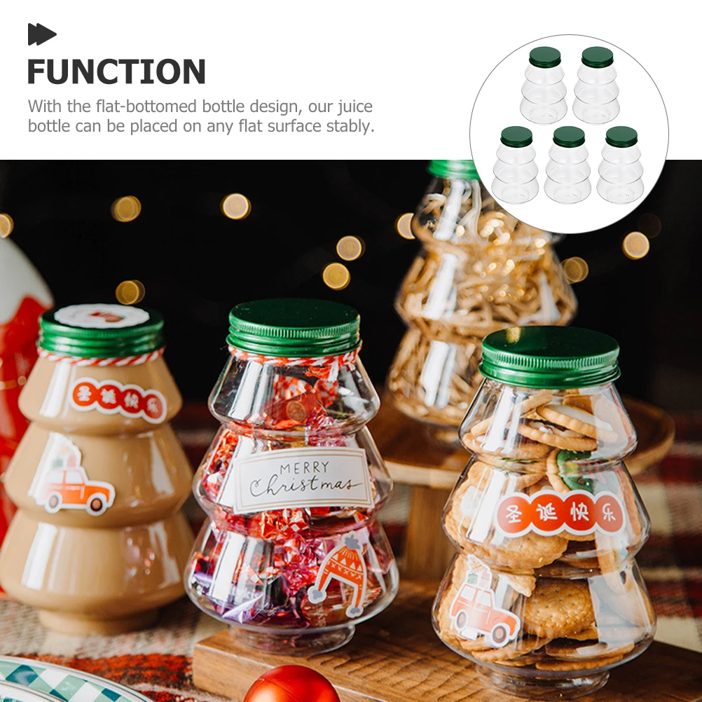 

5 Pcs 500ml Christmas Tree Juice Bottles Green Caps Snacks Container Sealed Beverage Bottle Milk Tea Drink Storage
