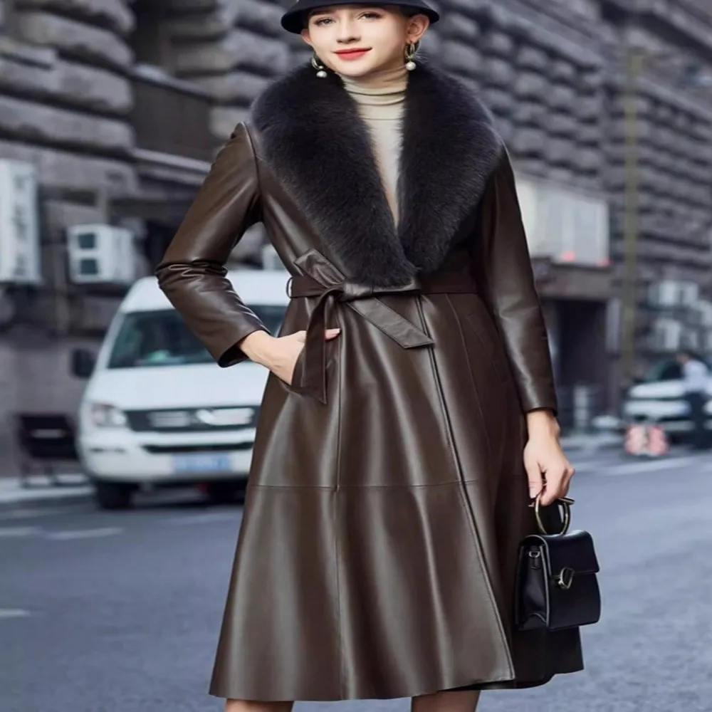 Office Elegant Ladies Winter Long Genuine Leather Down Jacket Fox Collar Belted Slim Fit Women Trench Coat Sheepskin Windbreaker