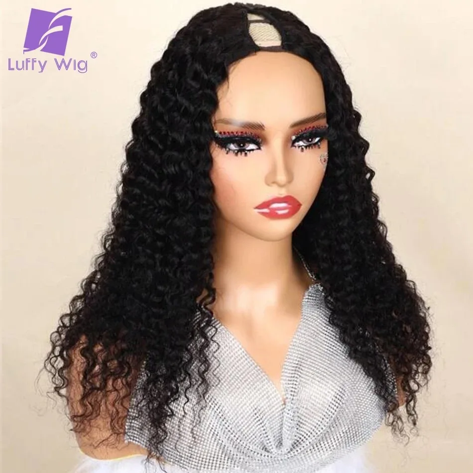 

200Density Human Hair V Shape Wig Curly Glueless No Leave Out U Part Wigs for Women Water Wave V Part Wig Short Curly LuffyWig