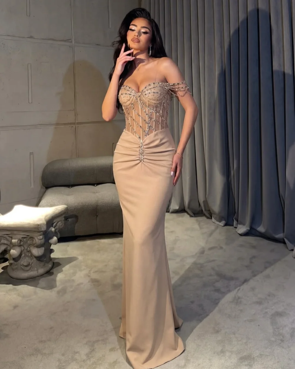 

Customized Fashion Women Jersey Rhinestone Pleat Mermaid Evening Dresses High Quality Off-the-shoulder Floor Lenght Prom Dresses
