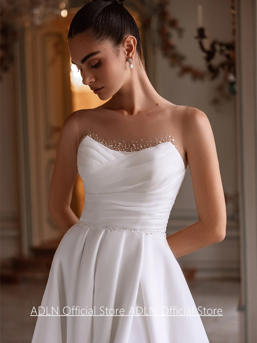 Organza ชุดแต่งงาน Vestidos De Novia ที่กําหนดเองที่ถอดออกได้ปิดไหล่แขนกุดจีบประดับด้วยลูกปัดสายแยกชุดเจ้าสาว