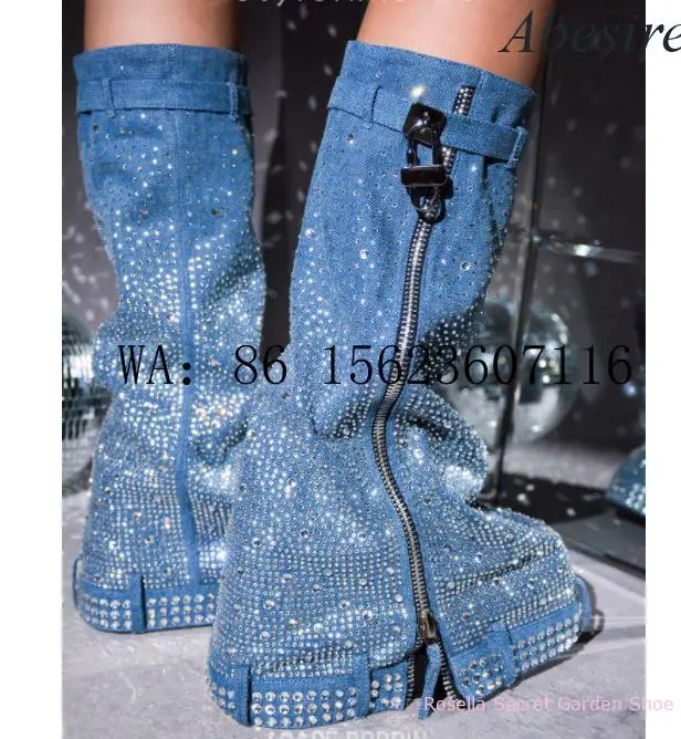 

2023 New Style Embellished Starry Sky Rhinestone Thick-Soled Cowboy Boots Round-Toe Women's Boots Large Size Long Wedge Boots