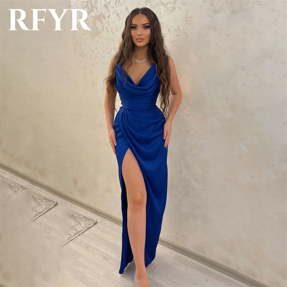 

RFYR Navy Blue Elegant Scoop Women Evening Dress Simple Sleeveless with Pleat Satin Trumpet Prom Formal Gown Dress Customized